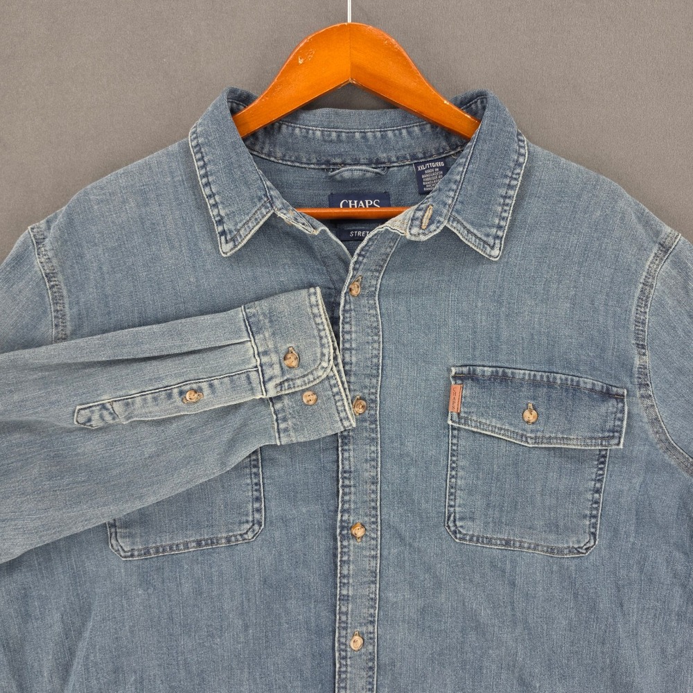 Chaps Mens XXL Blue Denim Long Sleeve Button Down Stretch Shirt Light Wash